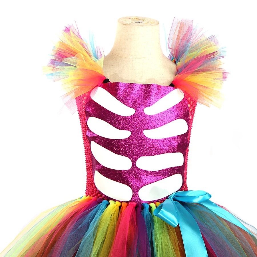 Children Day Of The Dead Halloween Costume Girls Skeleton Skull Dia Muertos Fancy Tutu Dress with Headband Cosplay Party Dress (12)