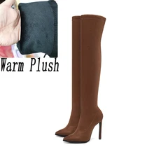 Г. Женские зимние сапоги выше колена теплые облегающие синие сапоги на высоком каблуке 11,5 см женские замшевые сапоги на шпильке из плюша высокого качества