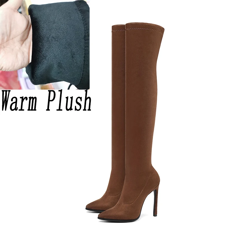 

2019 Women Over The Knee Winter Snow Boots 11.5cm High Heels Thigh Blue Warm Tight Boots Lady Plush Quality Suede Stiletto Shoes