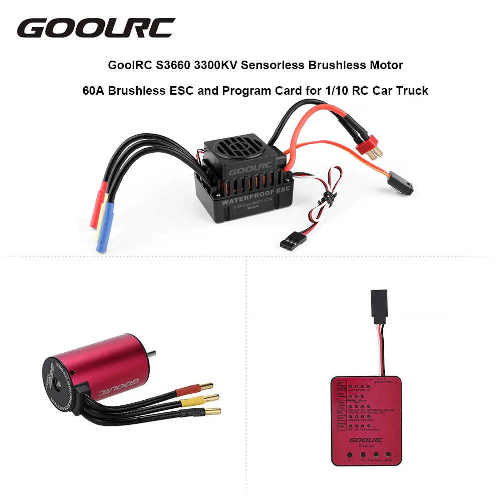 

RC Motor Original GoolRC S3660 3300KV Sensorless Brushless Motor 60A Brushless ESC and Program Card Combo Set for 1/10 RC Car