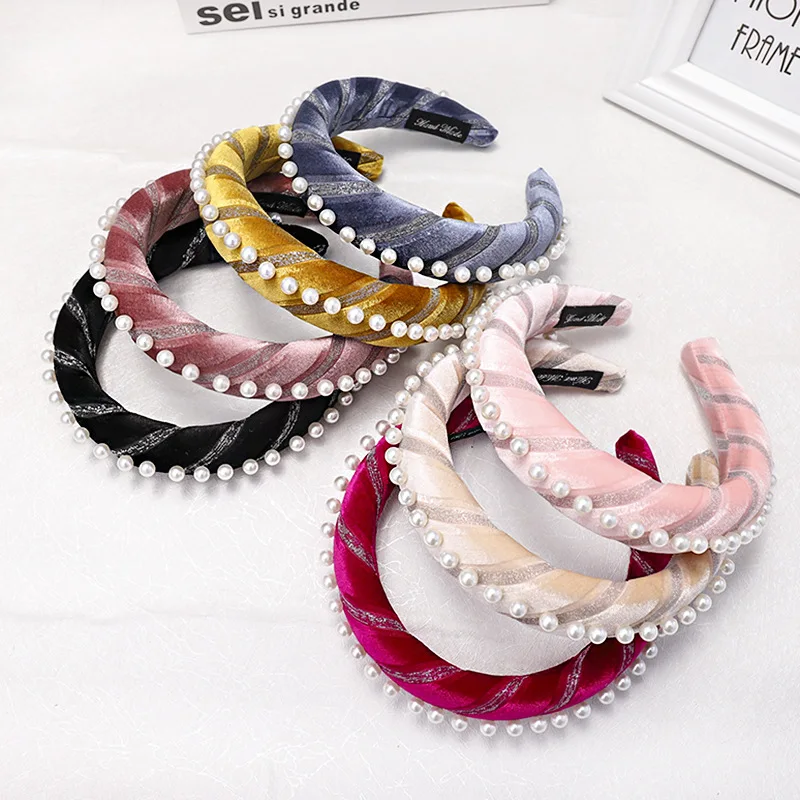 

Twill Row Pearl Headbands of Women Girls Winter Sponge Hairbands Women Hair Accessories Premium Non-slip Hair Band