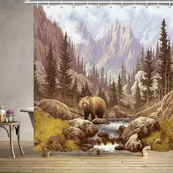 

Brown Bear Shower Curtain, Wild Animal Bear in Fall Mountain Pine Forest Men Safari Waterproof Bath Curtains Set, Polyester