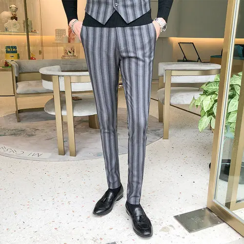 Брендовые мужские брюки в английском стиле, клетчатые тонкие брюки для официального костюма, свадебные Лучшие мужские брюки, прямые деловые офисные брюки, 14 цветов - Цвет: Gray Suit Pants