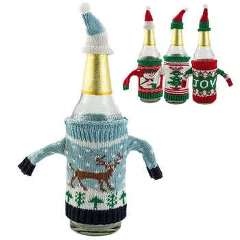 

Christmas Wine Bottle Cover Bags Christmas Table Decoration with Hat Deer Snowman Pattern Wine Bottle Decor (4packs)