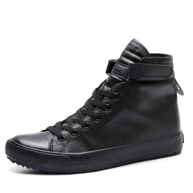 Zapatillas de deporte altas para hombre, botines cómodos de cuero con  cordones, informales, Hip Hop, color blanco y negro - AliExpress