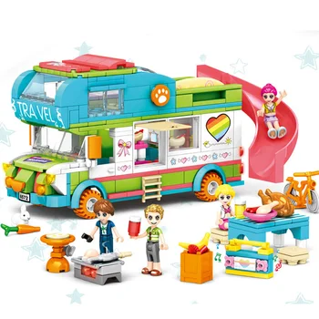 

433pcs Sandy Beach Camping Bus BBQ Building Blocks Girls Figures Car Model Kit Assembling Educational Toys For children