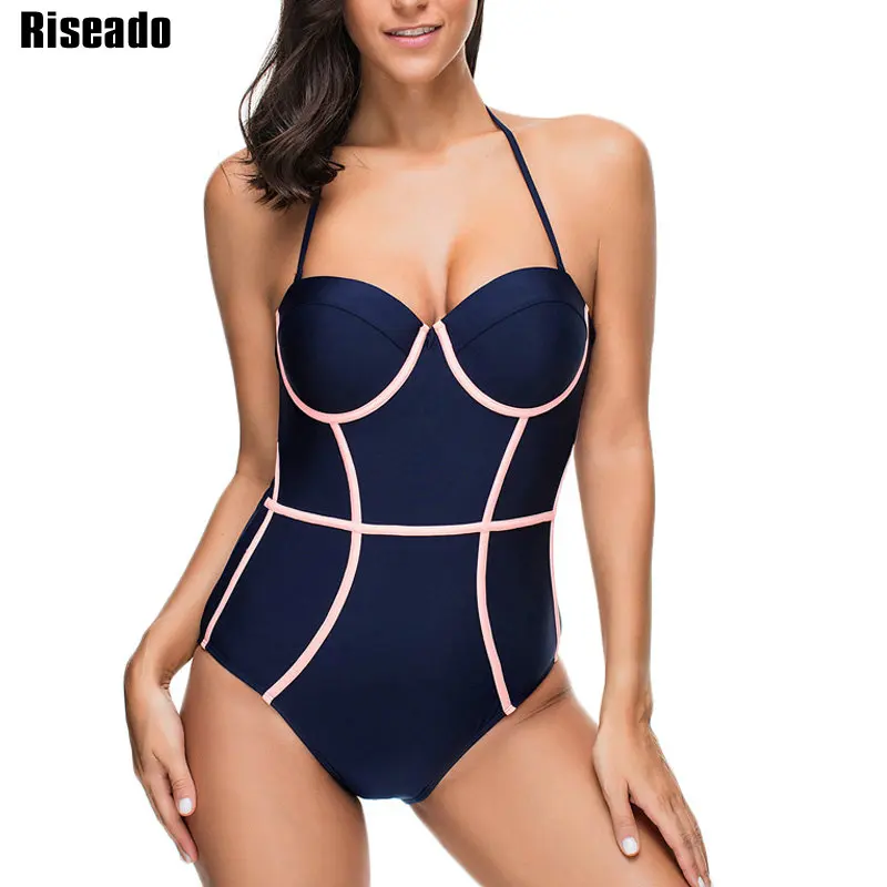 

Riseado Plus Size One Piece Swimsuits 2019 Push Up Swimwear Women Strap Halter Swimsuits Solid Bathing Suits Summer Beachwear