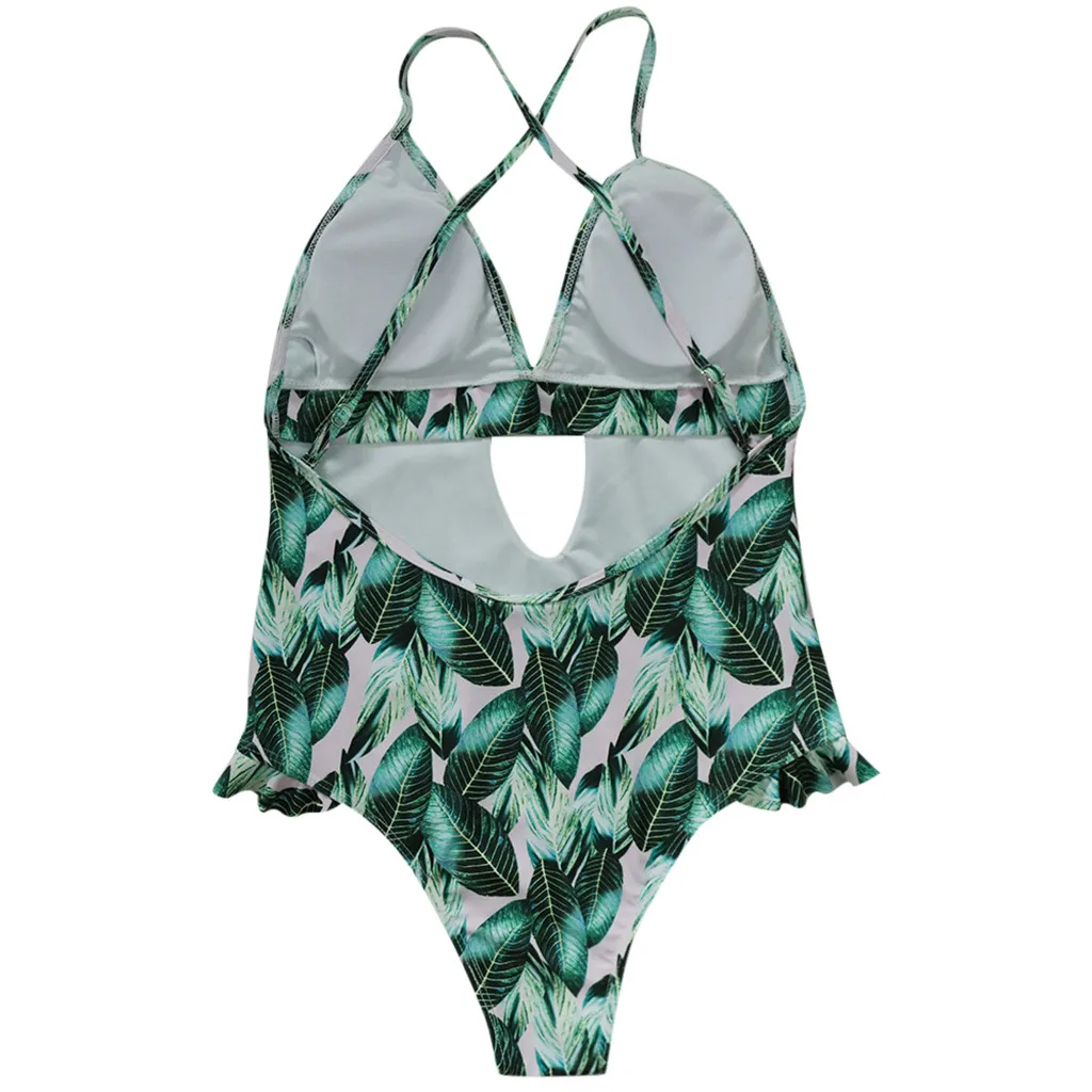 Summer one piece Swimwear Women Fringe Leaf Print Bikini Beachwear Party Bath Playful Fresh Sweet Sexy High Waist Bikini Hot XL 