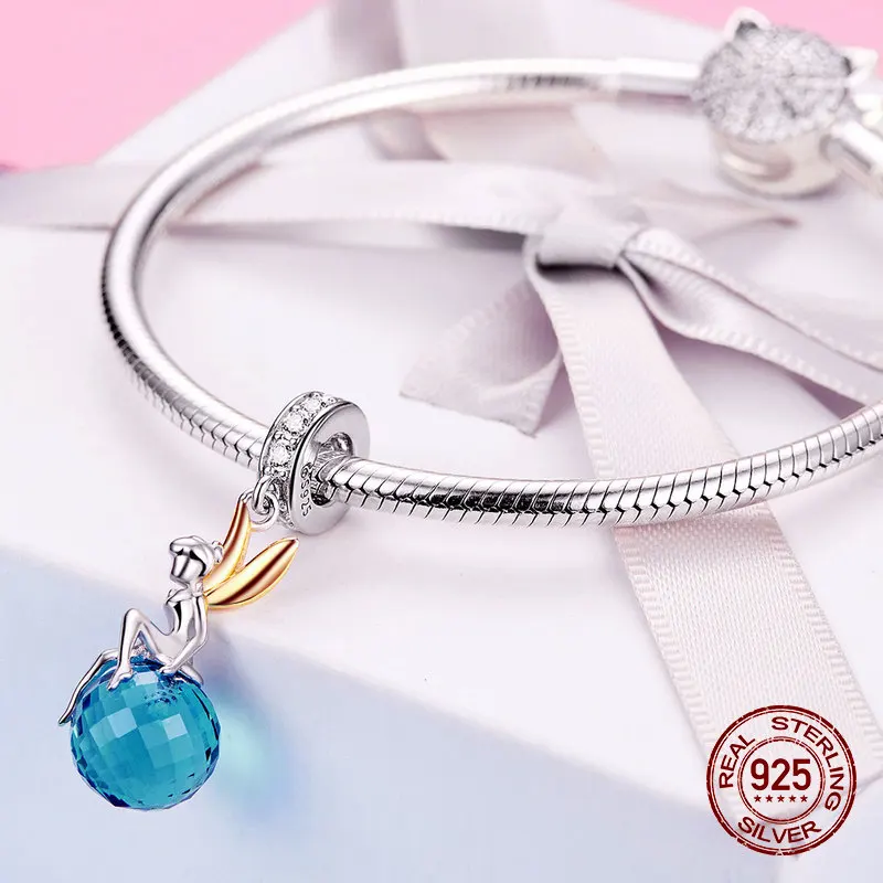 Elf planet crystal glass necklace pendant fit pandora charm 925 sterling silver original beads woman jewelry making