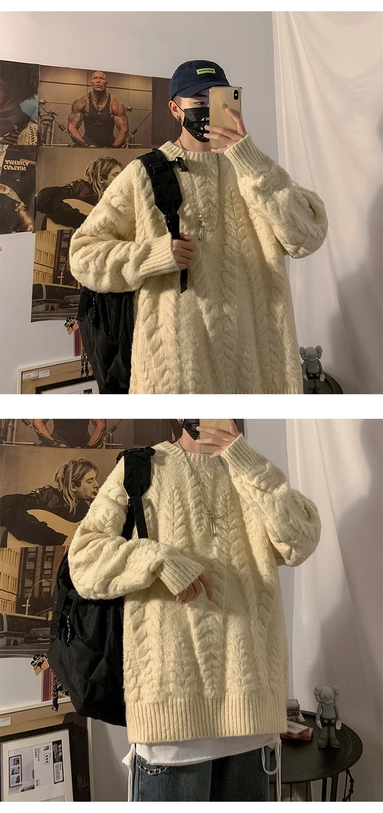 Зимний мужской свитер, теплый, модный, однотонный, с круглым вырезом, Повседневный, вязаный, пуловер, мужской, дикий, свободный, с длинным рукавом, свитер, мужская одежда