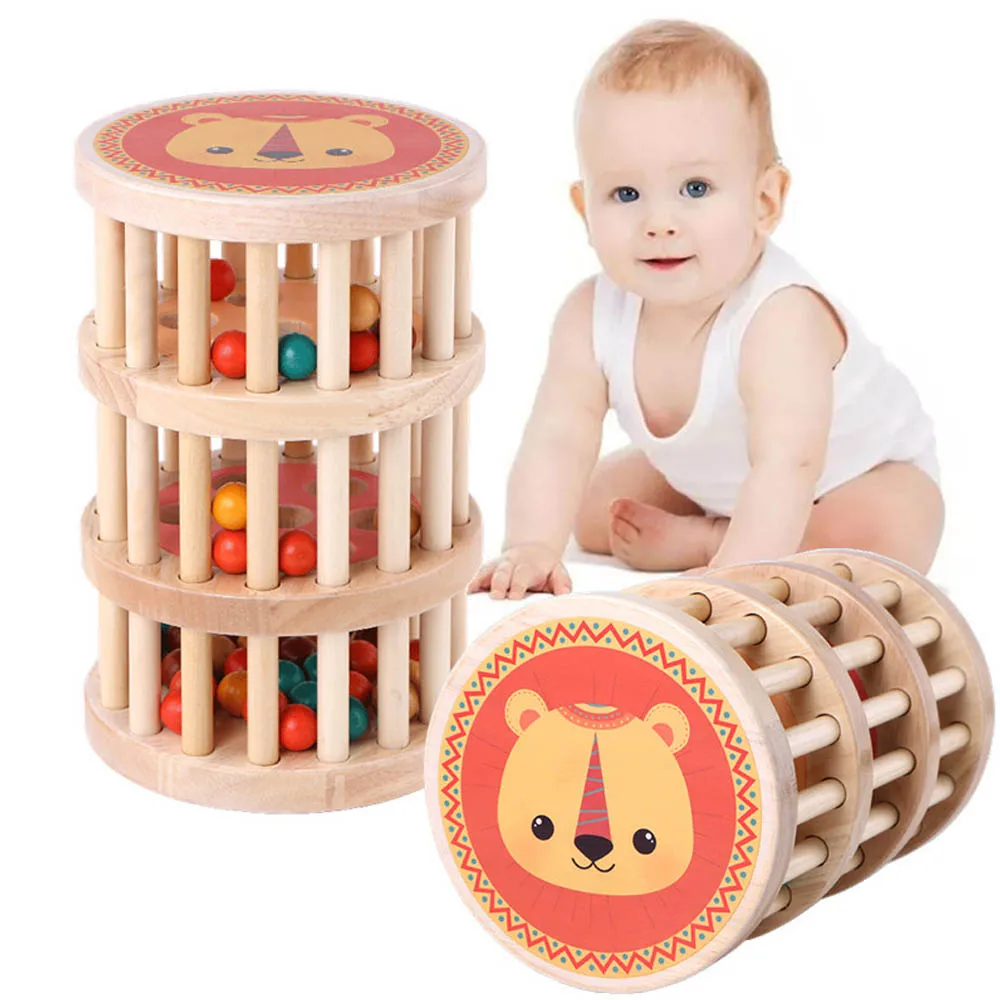  Wooden Falling Beads Baby Early Learning Educational Grasping Rattle Roller Eyesight Pursuit Traini