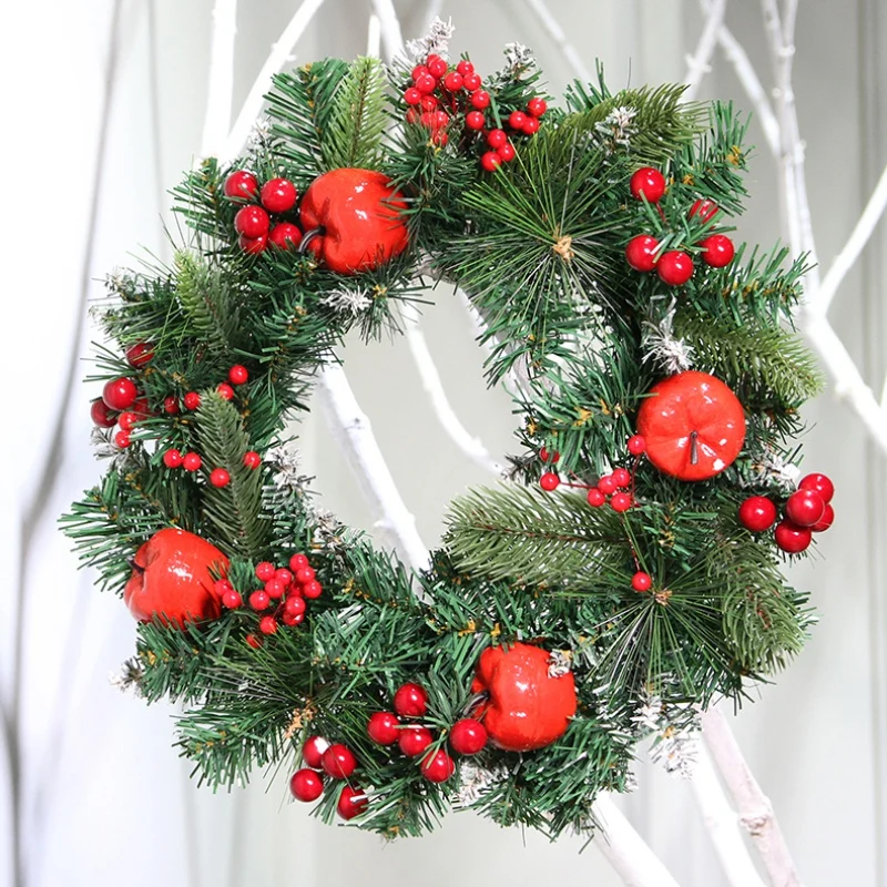 

1PC LED Light Christmas Wreath With Red Apple And Berries Decorative Hanging Garland For Holiday Front Door Wall Window Decor