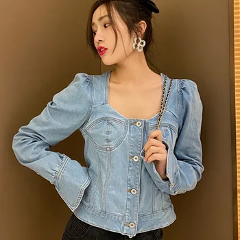 

2020 Early Autumn Women Denim Shirt Backless Bow Tie Sweet Square Collar Blouse Long Sleeve Single Breasted Blouses and Top