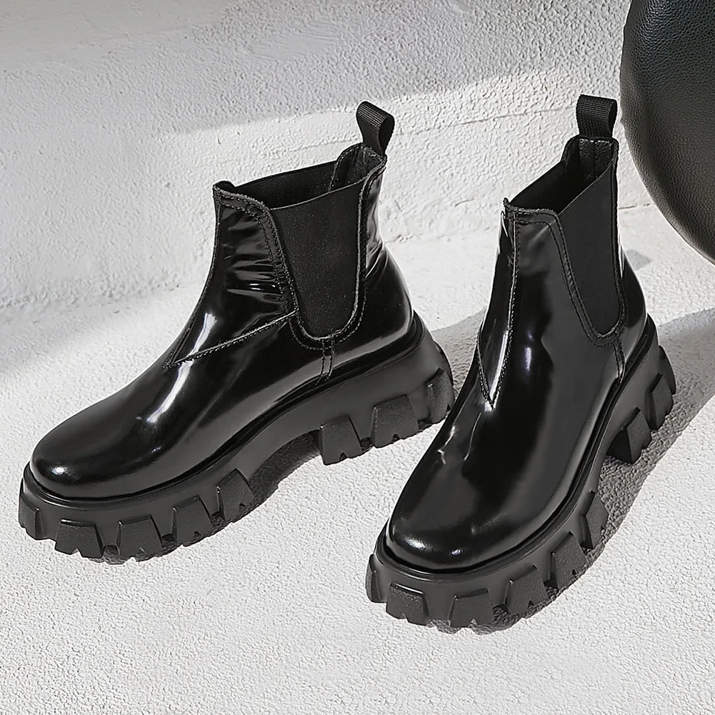 DORATASIA/элегантные черные ботинки без шнуровки; женские ботильоны из натуральной кожи на высокой платформе; коллекция года; женская повседневная обувь на танкетке