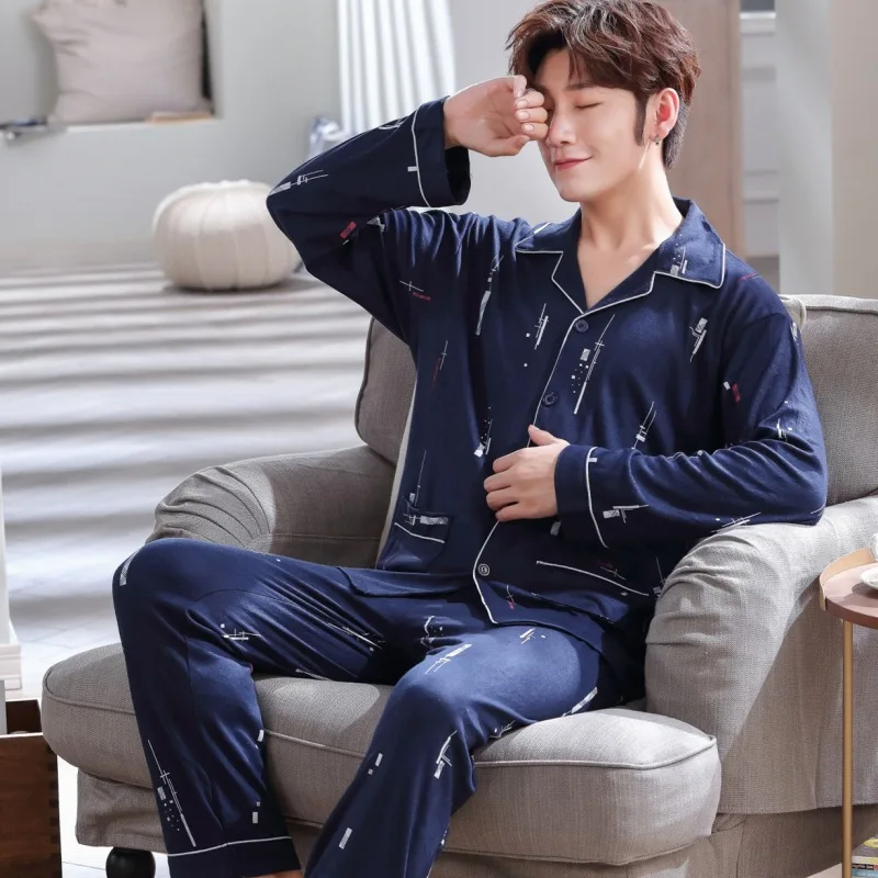 

Men Pajamas Spring And Autumn Pure Cotton Long Sleeve Plus-sized Thin Pajamas Autumn & Winter Homewear Set 2021