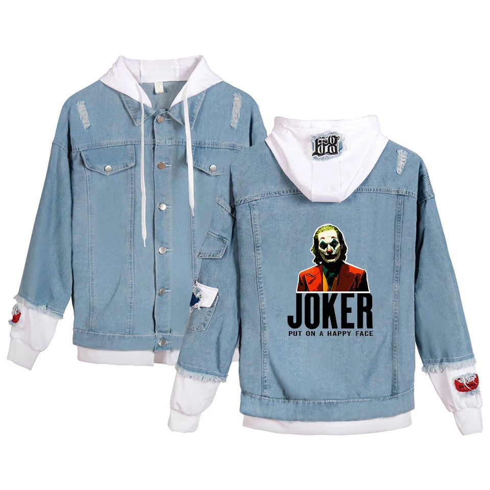 2019 Denim Jacket Light  Jeans Jacket Untitled Joker Origin Movie print Casual Ripped Denim Outwear  Slim Long Sleeve Jack Coat