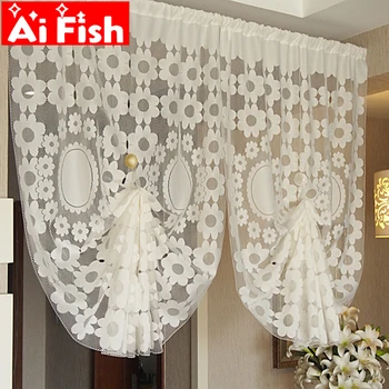 

Home Garden Mesh Lace Fabric Curtains Tulle Porch Partitions Half Sheer Curtains Beige Flowers Bedroom Kitchen Curtains MY410#5