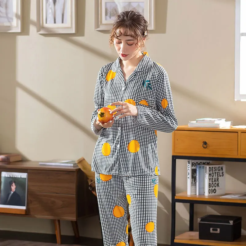 

New Style Orange Plaid Pajamas Women Long Sleeve Spring And Autumn Cardigan Tracksuit Women's Double-Sided Qmilch Large Size Two