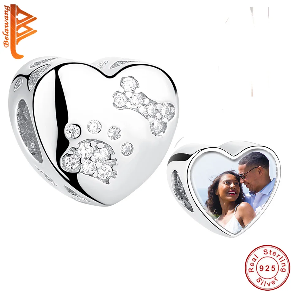 

925 Sterling Silver Sparkling CZ Cute Cat Footprint Bone Forever Love Heart Charm Beads fit Charm Bracelet Custom Photo Jewelry