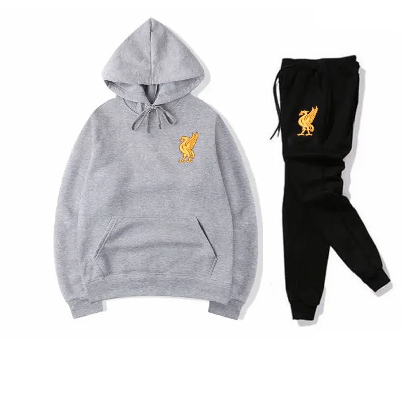 Gray black Спортивный костюм, модная спортивная одежда, комплект из двух предметов, хлопковая флисовая толстовка с капюшоном+ штаны, спортивный костюм для мужчин - Цвет: Gray black