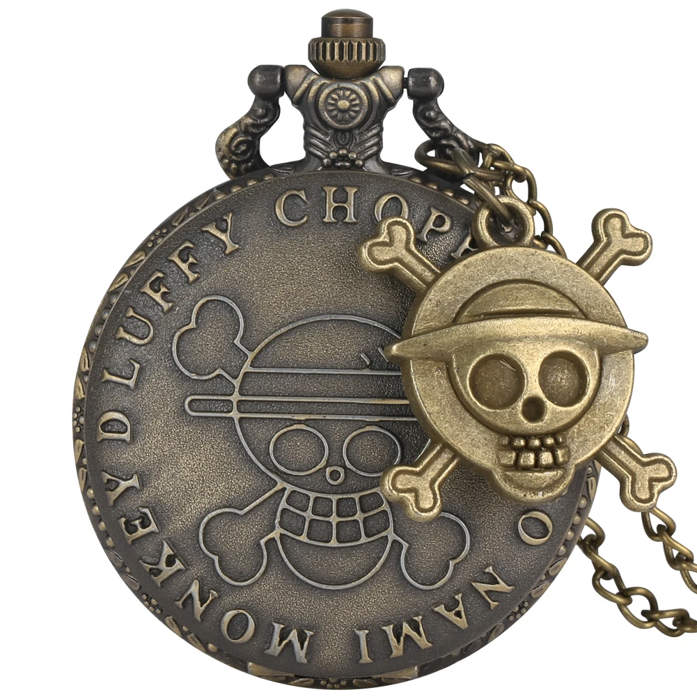 Бронзовые цельные кварцевые карманные часы для мужчин и женщин, Подвесные часы с ретро подвеской в виде пиратского черепа, ожерелье на цепочке, подарки для фанатов - Цвет: A