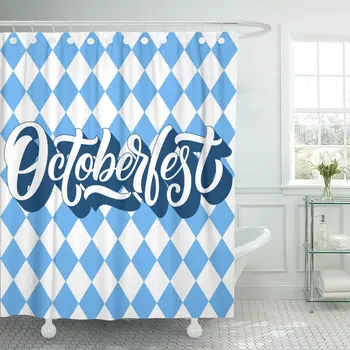 

Octoberfest Hand Lettering 3D Shadow Custom on Blue Argyle Shower Curtain Waterproof 72 x 78 Inches Set with Hooks