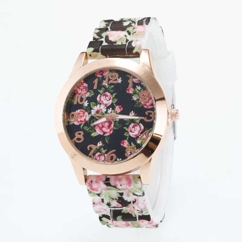 

0001 Gold Circle Watchcase Printed Flower Silica Gel Wechat Business Supply of Goods Watch Strap Fashion Watch Women's
