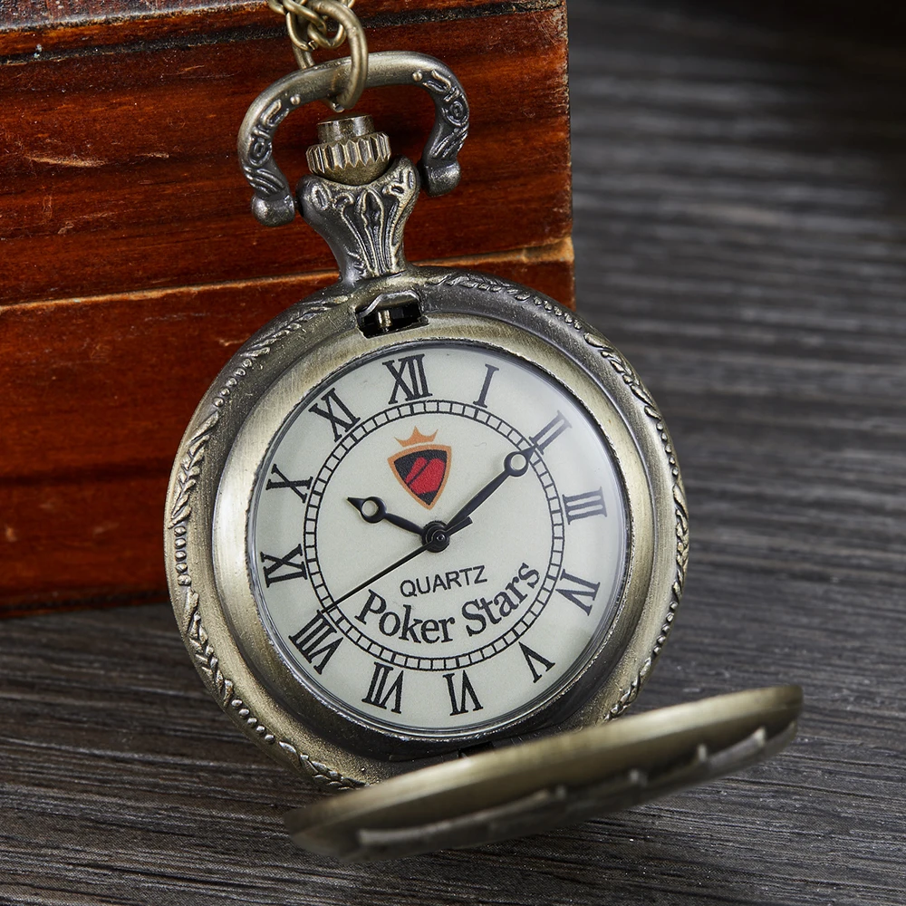 Дизайн циферблата винтажный Королевский Флеш покер кварцевые карманные бронзовые часы Серебристые черные игральные карты часы с подвеской на цепочке
