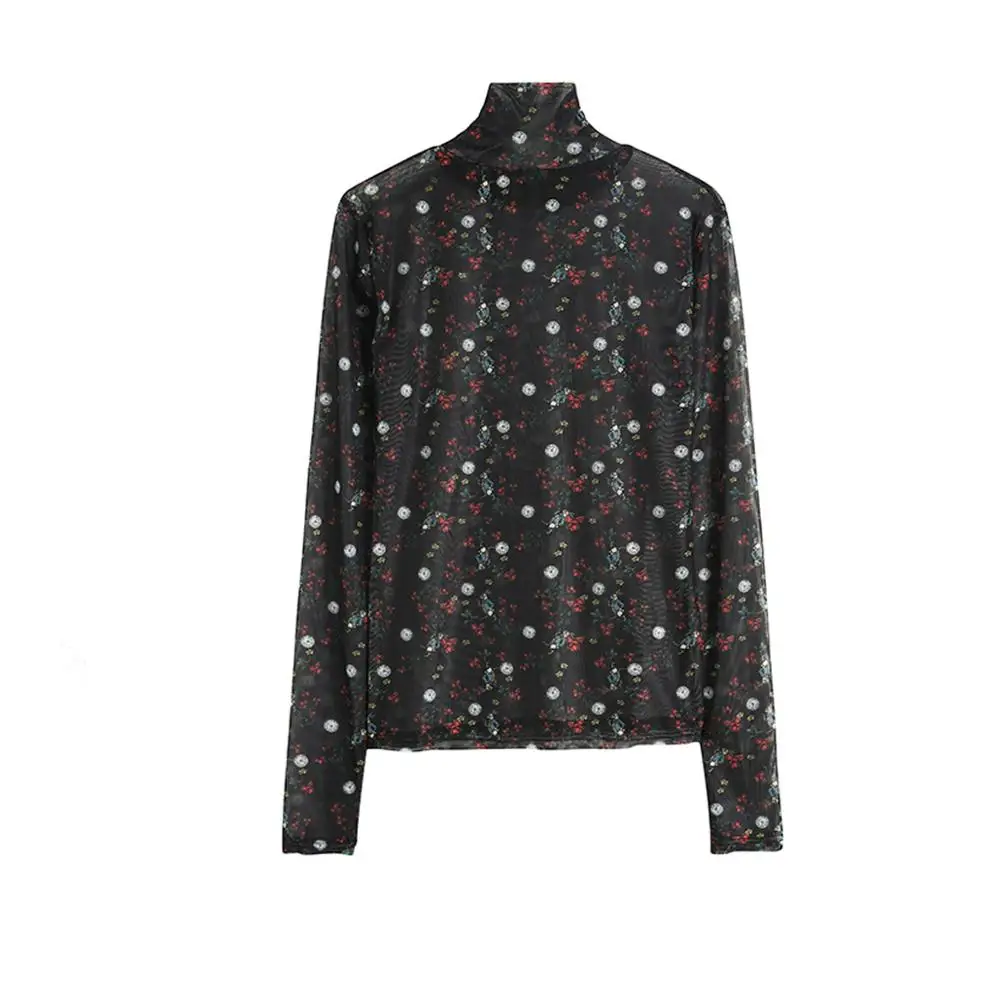 

Women's spring autumn turtleneck long sleeve flower print chic short base shirt female casual slim blouse top TB4045