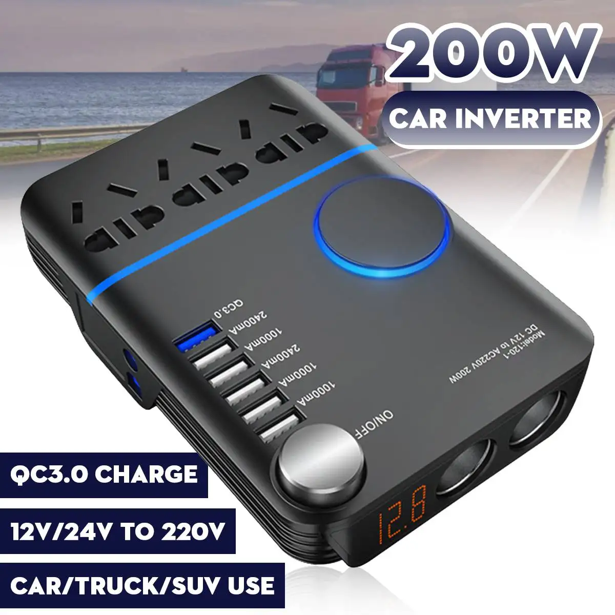 Car Inverter 200W 12V/24V To 220V Cigarette Lighter Power Supply Adapter with QC 3.0 5 USB Charger Fast Charging | Автомобили и