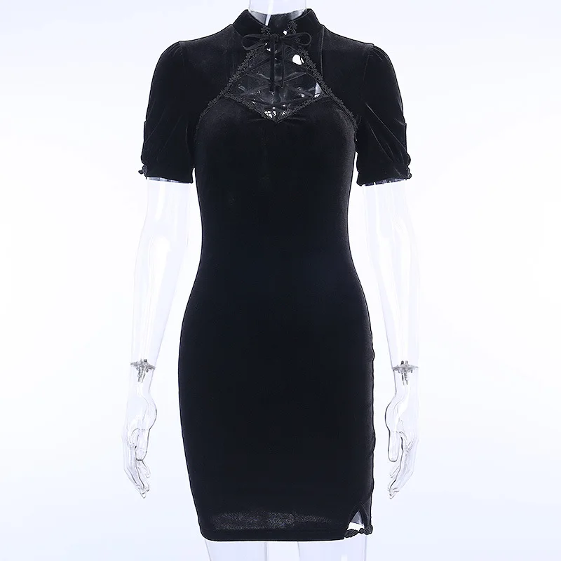 Black Punk Woman Chinese Style Cheongsam Mini Dress 2022 Summer Gothic Lace-up Bust Hollow Out High Waist A-line Chic Dresses