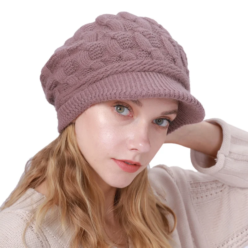 

Sparsil Women Winter Wool Knitted Hat With Brim Rabbit Visors Caps Velvet Thicken Warm Beret Solid Color Twist Octagonal Female
