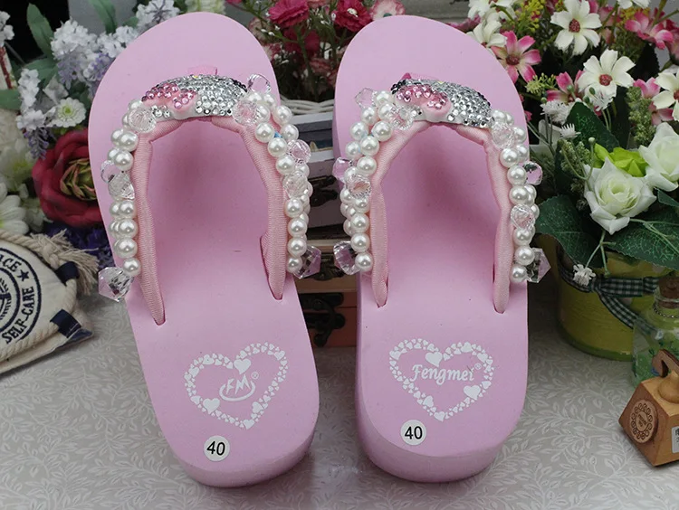 Leisure Shoes Online Lady Sewing Pearl Womens Beach Slippers Fashion High Heel Platform Wedge Flip Flops47
