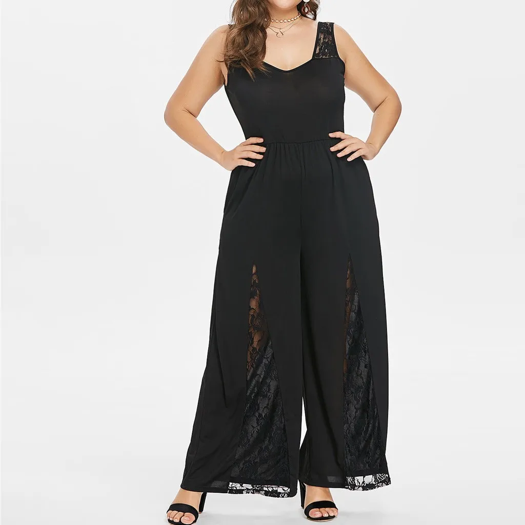 

Long Romper Women Fashion Sexy Jumpsuit Solid Color Bow Slim Set Lace Patchwork Sleeveless Ladies Casual Beach Chothing L-6XL