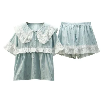 

Vintage Court Palace Princess Style Pajamas Set for Woman Lace Bow Tie Cute Sleepwear Cotton Summer Autumn Lounge Pyjamas Suit