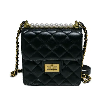 

Pearl Handle Small Square bag with flip Black Chain Diagonal Shoulder Bag Fashion Girls Mini Mobile Phone Bag