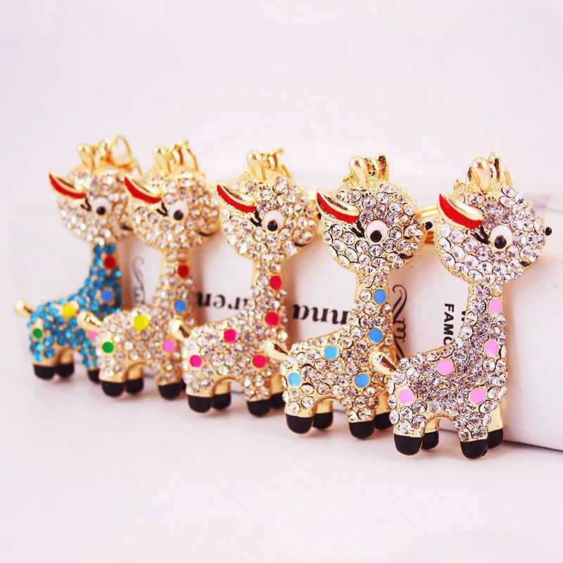 

3pcs Enamel Alloy Rhinestone Crystal Oil Drop Cute Animal Deer Pendant Lobster Clasp Car key Chains Fashion Keys Ring Handbag