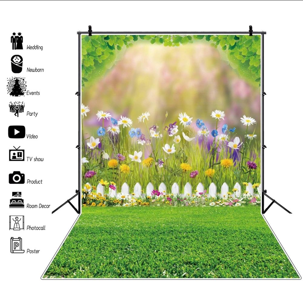 

Easter Backdrop Spring Flowers Green Grass Fence Eggs Bokeh Sky Photography Background Baby Kid Children Portrait Floral Party