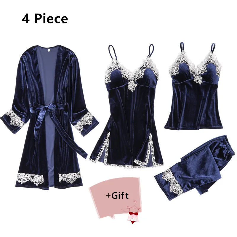 

3/4 Piece Flannel Pajamas Bath Robe Sleepwear Kimono Robe Bathrobe Women Sexy Thicken Warm Robe Dressing Gowns Nightgown Pajamas