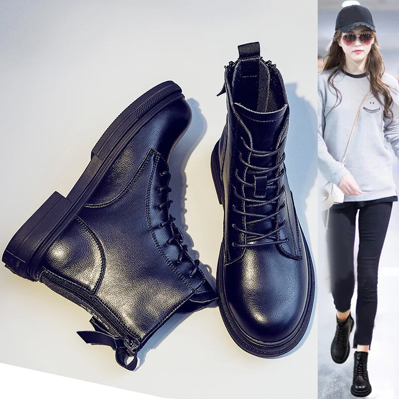 

WOMEN'S Genuine Leather Boots 2019 Autumn And Winter New Style Lace-up Martin Boots Women's Korean-style Online Celebrity Cowhid