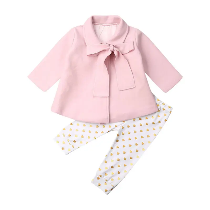 

Pretty Kids Baby Girls Sets Bow Tie Wool Coats+Heart Pants 2Pcs Fall Winter Clothes Elegant Kids Girl Outerwear+Long Pants 1-5Y