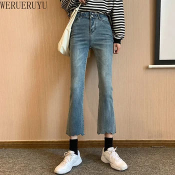 

WERUERUYU Women Jeans Slim Fit Denim Pants Bell Bottom Straight High Waist Bootleg Jeans Stretch Female Flare Trouser Maxi