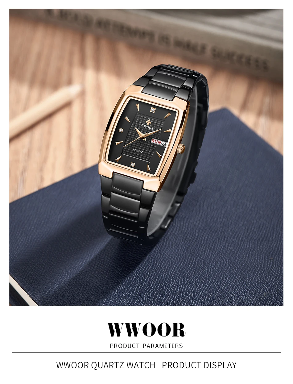 Watches Men WWOOR Brand Casual Simple Men's Quartz Clock Rose Gold Square Waterproof Week Display Wristwatches Relogio Masculino