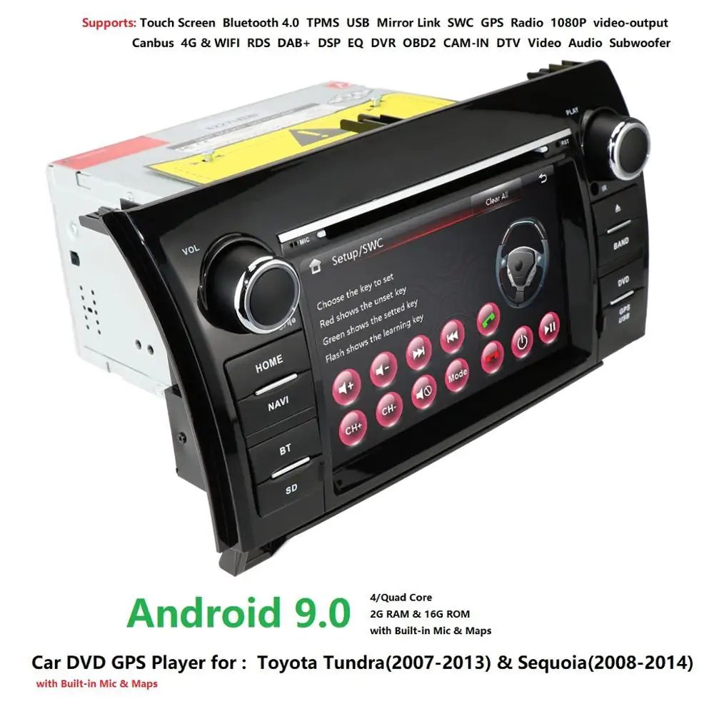 Top 7 Inch 2 Din HD 1024x600 Quad Core Android 9.0 Car DVD GPS For Toyota Tundra Sequoia 2008-2013 RDS DSP SWC Bluetooth WIFI 4G DAB 4