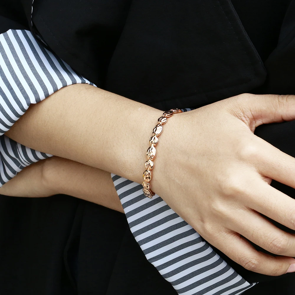 585 браслет из розового золота для женщин, простой круглый браслет из бисера, модное ювелирное изделие, подарок, длина, регулируемая цепочка, браслет LCB38