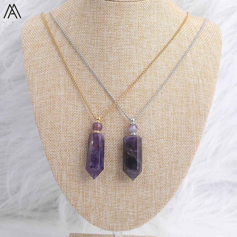 

Gold Silver Stainless Steel Chains Bottle Necklace Hexagon Natural Amethysts Quartz Stone Point Bead Perfume Bottle DSS-183AMDE