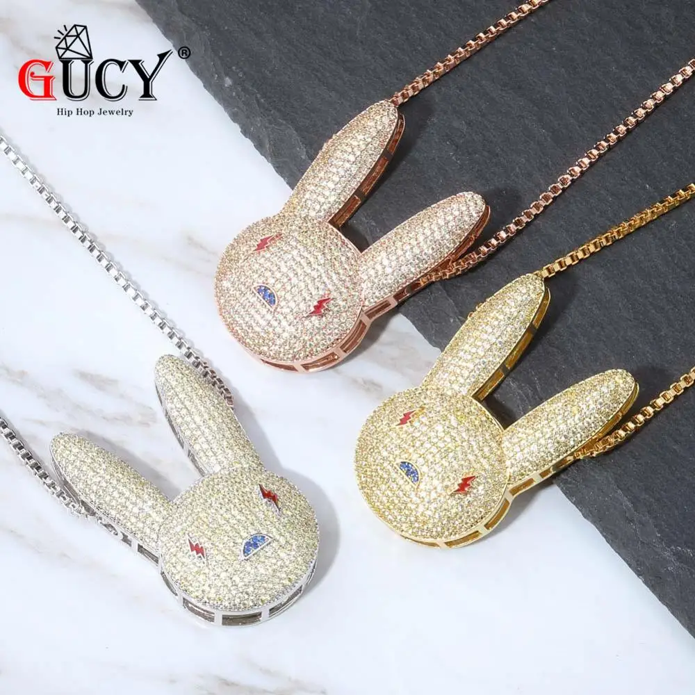 GUCY NEW Bad Bunny Pendant Necklace Iced Out AAA Cubic Zirconia Bling Men's Women Hip hop Jewelry