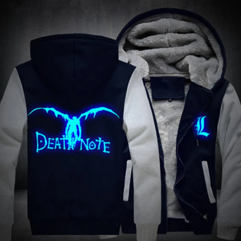 Death Note мужские толстовки с капюшоном с длинным рукавом, мужская куртка на молнии, зимняя теплая уличная светящаяся толстовка с капюшоном унисекс размера плюс