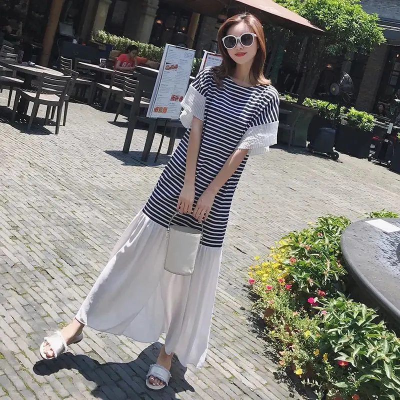 

Photo Shoot 2019 Summer New Style Korean-style Loose White Mid-length Casual Versatile Splicing Dress Women's