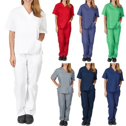 Women Nurse V-Neck Top Long Pants Doctor Workwear Scrub Set Uniform Set UK